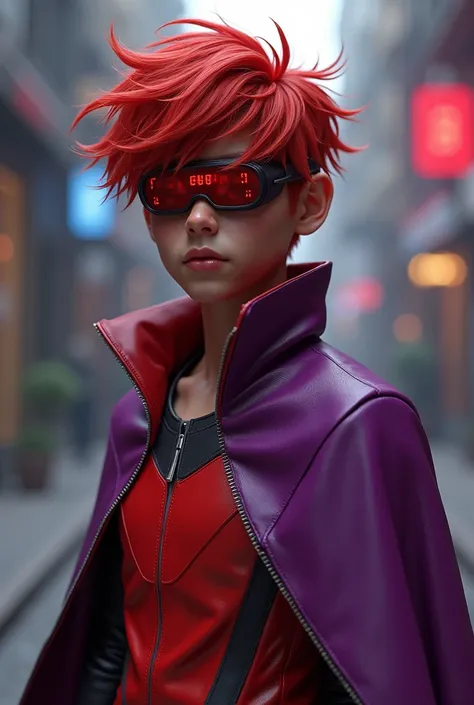 Make a realistic brown teenage male in a red futuristic outfit with a purple cape, red hair and red robocop glasses