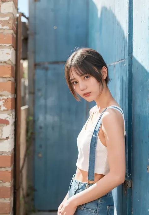 short hair, dark blue suspenders, blue denim shorts, casual pose, standing, looking down, smooth skin, outdoor urban setting, al...