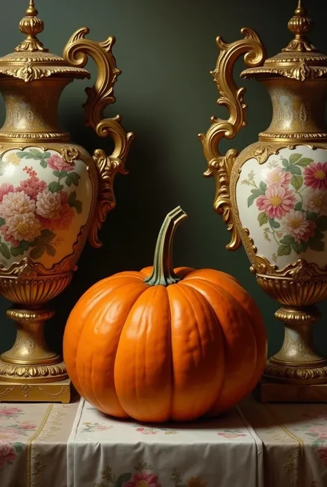 still life with pumpkin and vases in baroque style 
