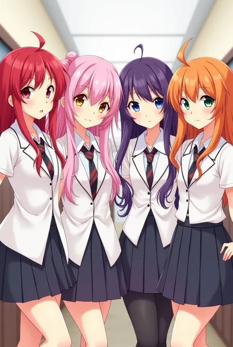 4 school girls, one with pink hair, one with red hair, one with purple hair, one with  orange hair, standing, anime