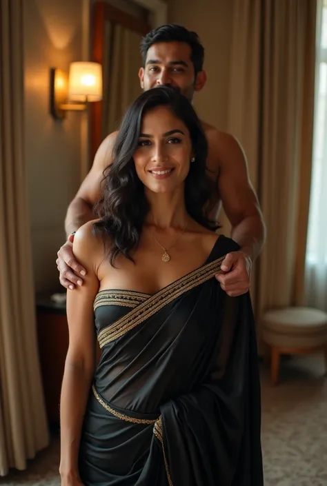 Create a realistic photograph of a smiling and beautiful hot turkish brunette girl in tight black satin saree carrying a large stout indian man with dad bod on her shoulder , in a hotel room with high ceiling, man is sitting on top of her shoulder, man on ...