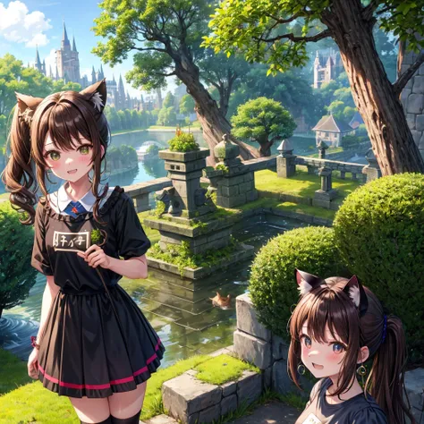 Rainbow brown hair、Rainbow Eyes、Wavy Hair、Hair tied up、Two cute、Checked mini skirt、Black T-shirt、Cat ear hood、Black knee-high socks、Teeth are visible、Monster Castle、Tilting face、lawn、In front of the city gates、The stone is cracked、Uneven ground、Stone Wall、...