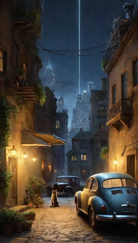 Night, post-cybernetic period, cozy courtyard, in a secluded place in the metropolis, (((the lights of a huge city are visible on the horizon))), a small house assembled from metal sheets and all sorts of tin, a pendant light gently illuminates the thresho...