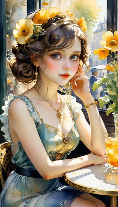 soft skin, wide eyes. watercolor, style, sketch, watercolor painting, flowers, glass, watercolor artist, a baeutiful girl sitting in a sunny European cafe with tables outside golden summer light welcoming alphonse much a gustav klimt art deco art nouveau, ...