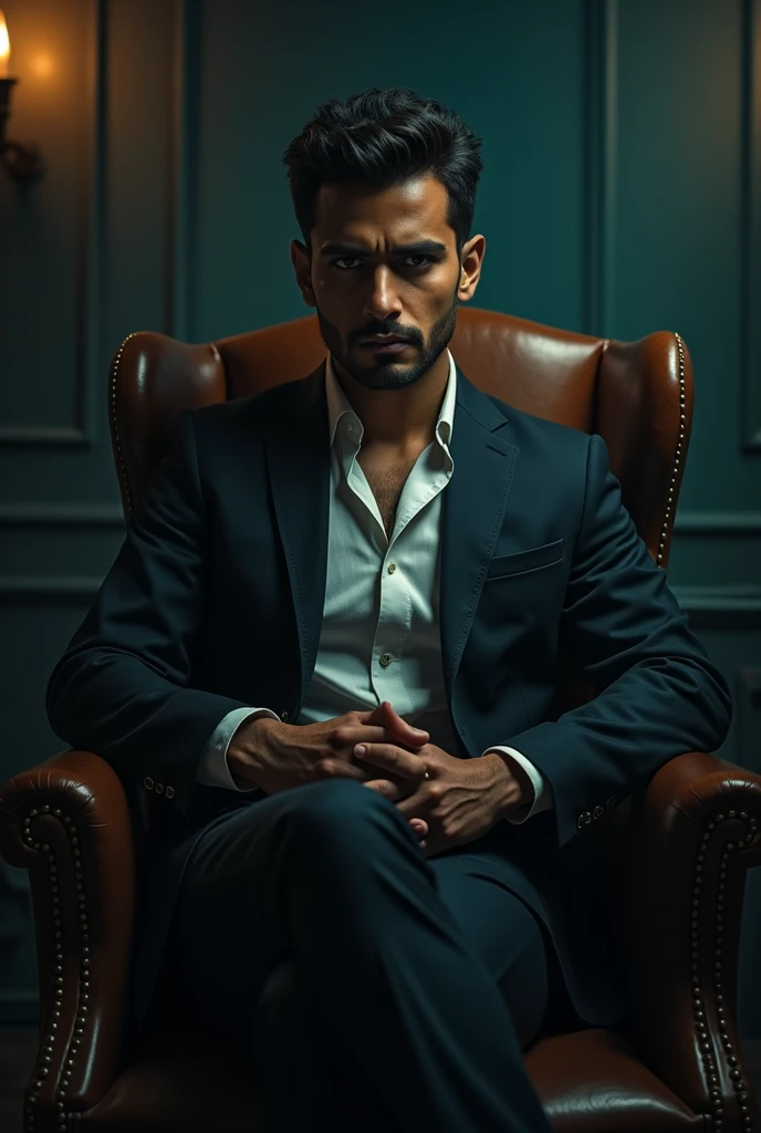 Make a Indian young male handsome gorgeous innocent badass mafia sited in the chair 