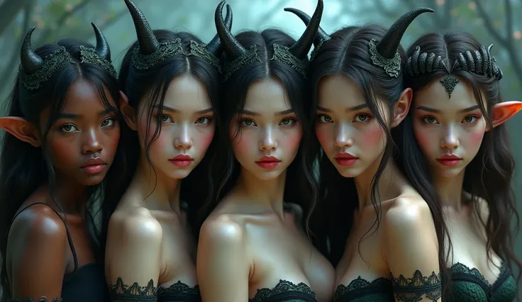 ((Detailed Photos)), Five bewitching succubi from around the world gazing dreamily into the camera, African descent, East Asian, West Asian, Nordic, Celtic