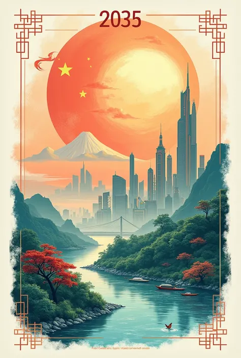 Design a stamp with the theme of &quot;Modernized China in 2035&quot;,
Common prosperity for all people，Material civilization and harmony，The styles of stamps issued for green development and the 100th anniversary of the founding of the  are roughly consis...