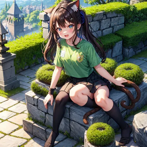 Rainbow brown hair、Rainbow Eyes、Wavy Hair、Hair tied up、Two cute、Checked mini skirt、Black T-shirt、Cat ear hood、Black knee-high socks、Teeth are visible、Monster Castle、Tilting face、lawn、In front of the city gates、The stone is cracked、Uneven ground、Stone Wall、...