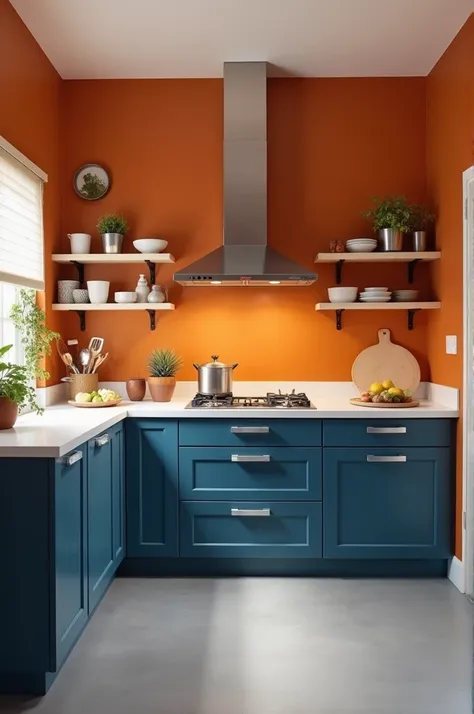 Light kitchen, with dark blue furniture, orange walls and gray floor