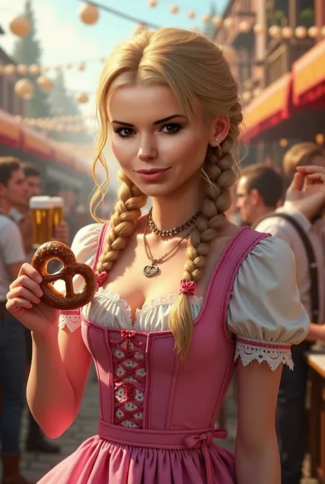 Long light blonde hair with braided pigtail dirndl in pink at oktoberfest pretzel and beer