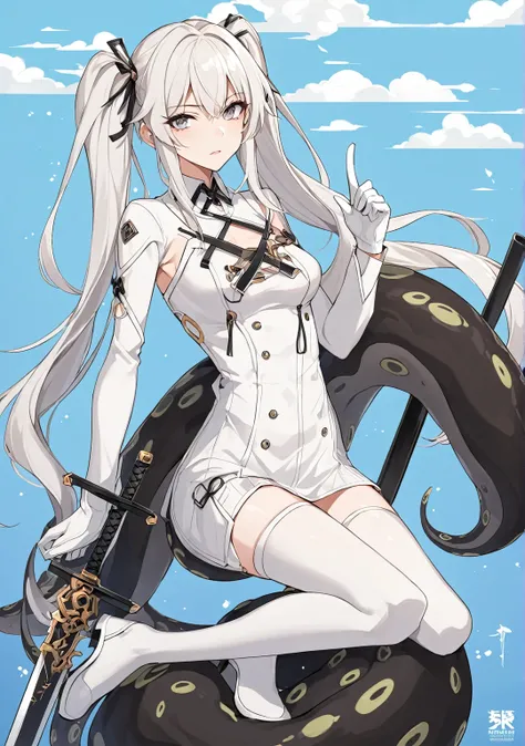 anime girl with long hair and a sword in her hand, Twin tails white_gloves, Delicate details. anime. Tentacles, seductive anime girl, With index finger, White-haired God, anime goddess, From Girls Frontline, Kantai Collection Style, On pixiv, From Arknight...