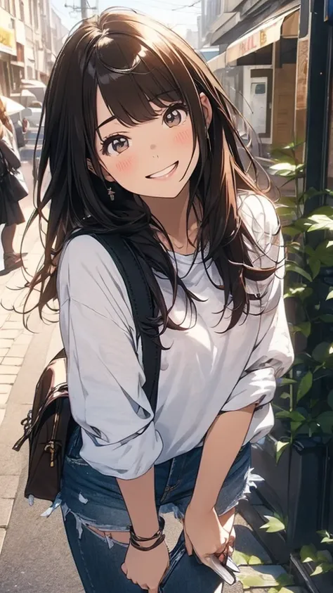 (masterpiece:1.5), Best Quality, Very detailed, Very detailed, Exquisite, 16k, Full HD, とてもbeautiful, Absurd, Anime Style, One girl, High school girl, beautiful, woman, , shoulder-length Brown Hair, Brown Hair, Smile of joy, Trendy casual fashion, Denim ja...