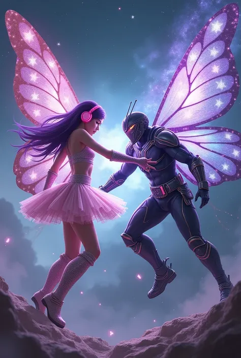 The Cosmic Butterfly Woman, a young Korean woman with delicate features and long purple hair, is in full battle with his brother, The Cosmic Butterfly Man. She wears a short Winx-style outfit., with starry sparkles and luminous details that seem to reflect...