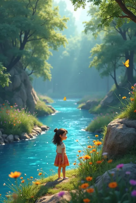  with a wonder-filled expression as she looks out over the riverbank her hair may be blowing in the wind and she is wearing a simple but colorful dress draws a meandering river that shines with blue tones and on either side leafy trees and wild flowers cre...