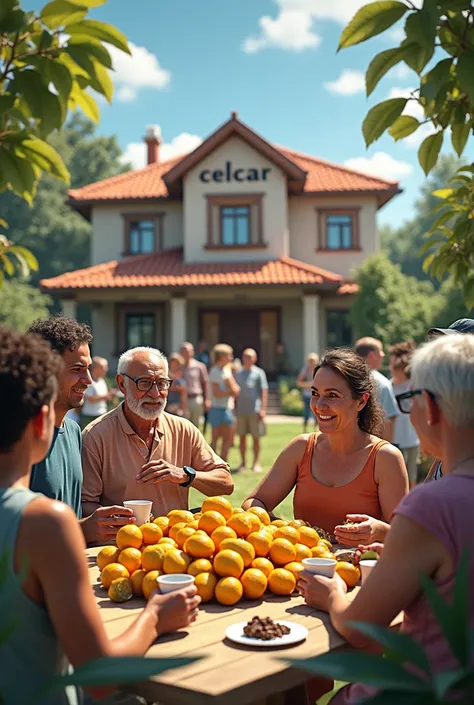 People of different ages and gender separated into several groups, Some groups with coffee and others with citrus around a large house with a sign that says "CELCCAR" 