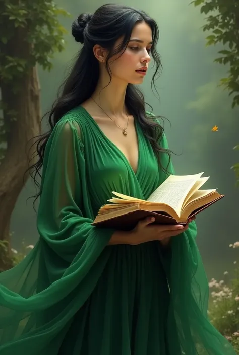 Create a woman with a green dress long black hair tied up , with a Bible standing up.