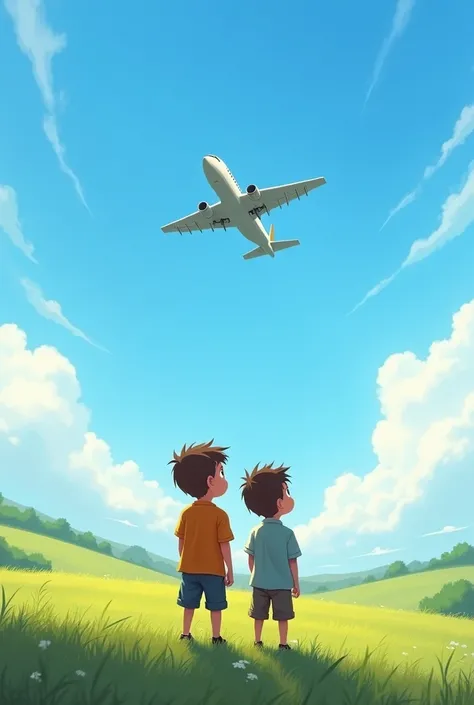 2 boy looking at aeroplane flying in the sky 