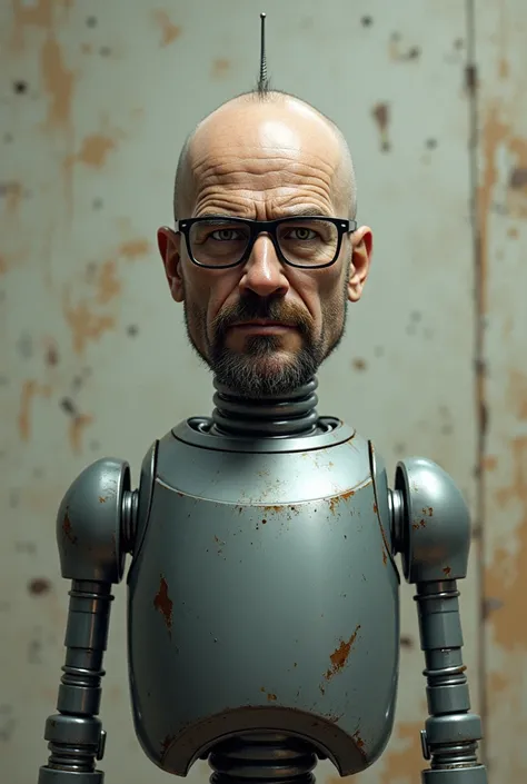 Create a photo with focus on the head . The character should be a mixture of Heisenberg from Breaking Bad and robot Bender from Futurama . Pay attention , that the figure appears true to the original 