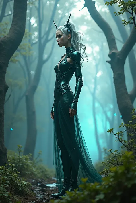 (photorealism:1.2), beautiful woman, sexy, gorgeous, ground view, masterpiece, (best quality), (ultra-detailed), (ultra-realistic:1.2), landscape, sci-fi, transistor punk, cyberpunk, biopunk, ((future forest)), neon