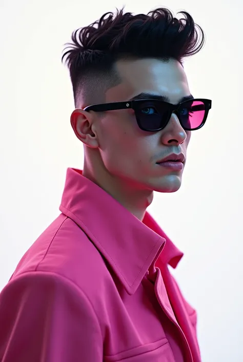 A concept art of a slim young adult man, cute and adorable. He has black undercut hair, standing in a dimly lit place with a white background. He’s wearing dark sunglasses and a pink outfit. His striking blue eyes add to his captivating appearance, and the...