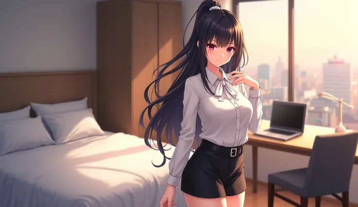 Anime girl, long black hair, ponytail, white bow tie, big breasts, wearing a shirt, a black mini skirt, wearing a diamond ring on the left ring finger, standing in a sexy pose, left hand lightly touching the chest, smiling slightly, shy. Behind is a bedroo...