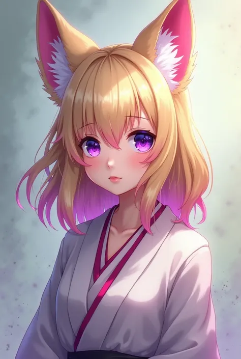 An older anime girl with blonde hair and pink tips, Short shoulder length hair, violet eyes and being a kitsune