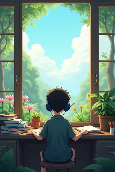 A alone boy wearing headphone focusing on study in front from a window beutyful nature