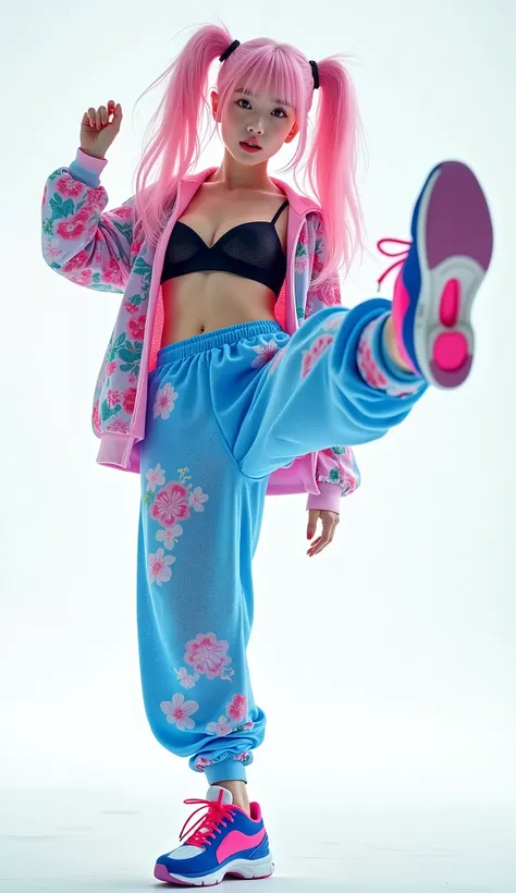 live-action、Real、Japanese girl with light pink hair、Voluminous twin tails、Blue Mesh、Pale pink lips、Black bikini with floral print、Moderate bust、Blue sweat pants with floral pattern、Blue, pink and white high-top tech sneakers、Dynamic pose、High Kick、White ba...