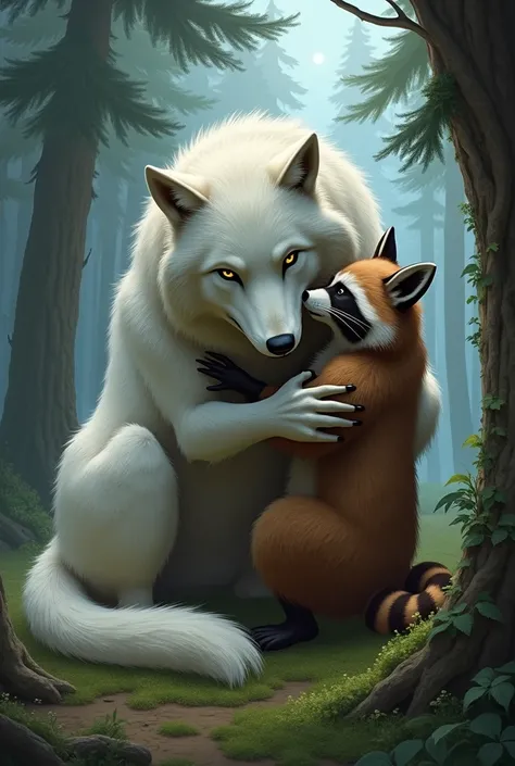 A male white wolf has sex with a female brown raccoon