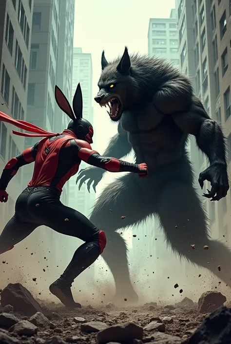 a fight scene between a superhero named Rabbit Man and a dark Werewolf villain 