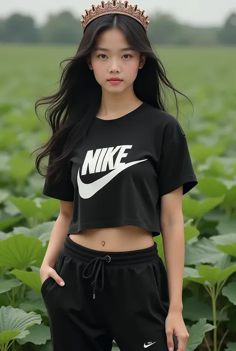 Très jeune femme vietnamienne belle aux yeux bridées et cheveux noirs en t-shirt court Nike gros logo noir et blanc, qui porte un pantalon noir Nike fleece assorti de sport fleece nike et des chaussures Nike Air Force 1 blanches et noires elle a 20 ans et ...