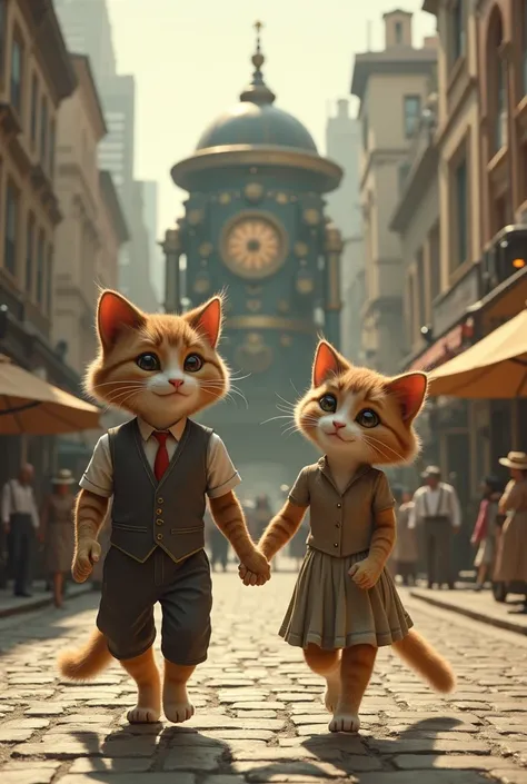 The time machine is abandoned, gathering dust in the background. Cat boy and cat girl walk hand in hand through the same 1920s street.
