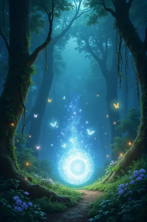 Magical night forest with butterflies and fireflies and a light in the center 