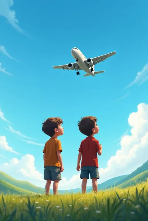 2 boy looking at aeroplane flying in the sky 