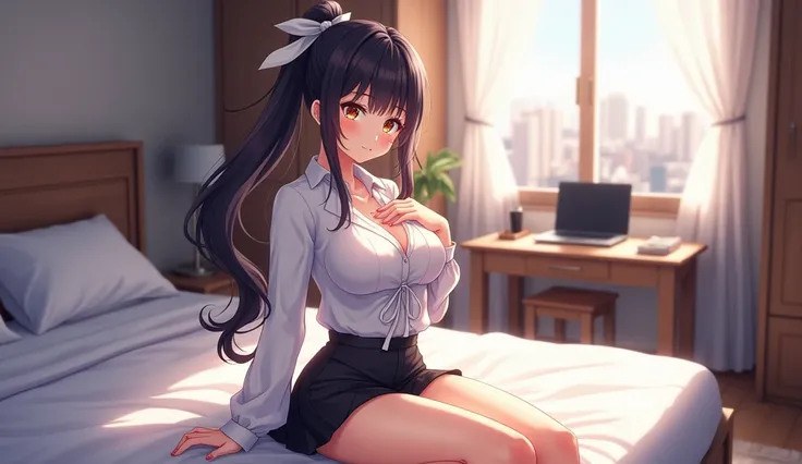 Anime girl, long black hair, ponytail, white bow tie, big breasts, wearing a shirt, a black mini skirt, wearing a diamond ring on the left ring finger, sitting on the bed in a sexy pose, left hand lightly touching the chest, smiling slightly, shy. Behind i...