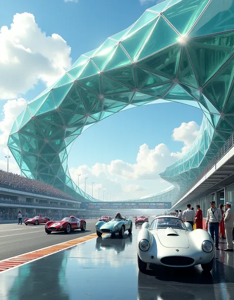 A stunning race circuit featuring a grandstand designed to resemble a triumphal arch, constructed of interconnected glass regular dodecahedron. The main viewing area spans the home straight of the racetrack, with the base composed of various shapes of smoo...