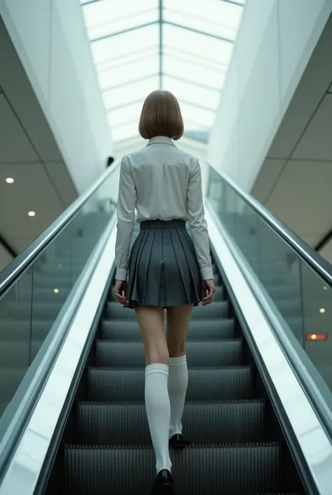 Realistic photo of the view up a long up-escalator. Up ahead is a slim 1 Caucasian woman, facing away from camera. She has short light-brown hair in a bob. She is wearing a tight white formal shirt, a dark-grey pleated microskirt, plain white panties, long...