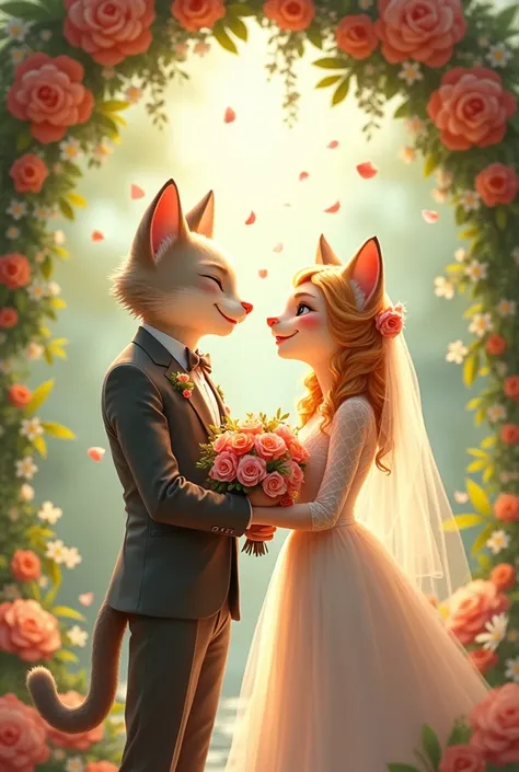 Cat boy and cat girl are getting married in a beautiful ceremony, their faces beaming with joy.


