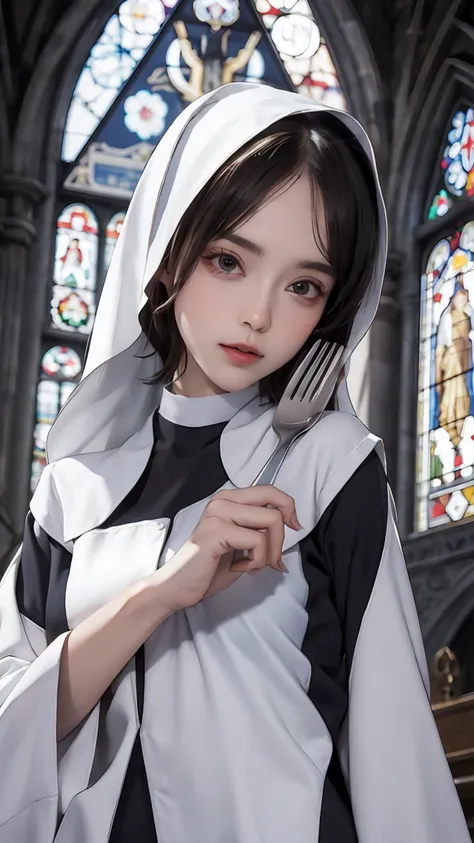 the nun，full breasts，church fork，8k，very good，surrealism，masterpiece，high quality，rich details