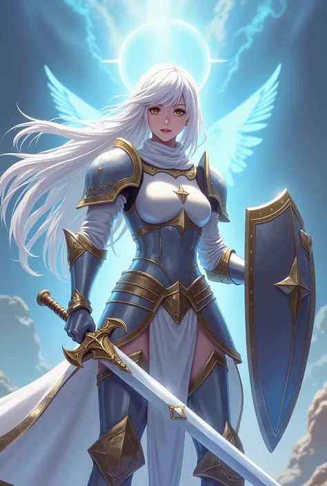 Anime knight of light sword shield woman white hair