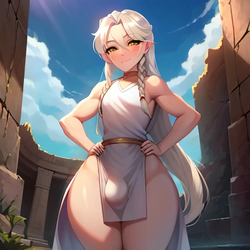 High res, shading, God, braided hair, platinum blonde hair, long hair,((pale skin)),golden eyes, massive ancient ruins background, sunlight, clouds, sun rays, white sleeveless robe,((femboy)), wide hips, massive ass, massive thighs, staring at viewer lovin...