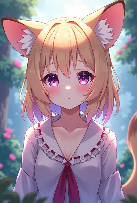 A semi-realistic older anime girl with blonde hair and pink tips, Short shoulder length hair, violet eyes and being a kitsune in the Genshin impact style