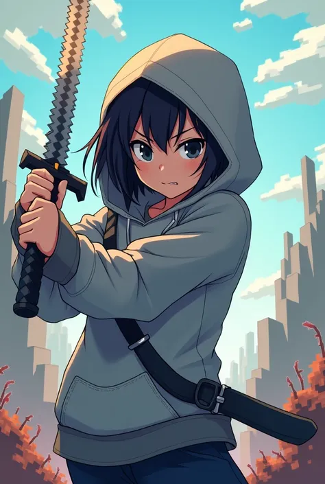 I want to create a anime character of minecraft which is wear a gray hoodie and hold a sword 