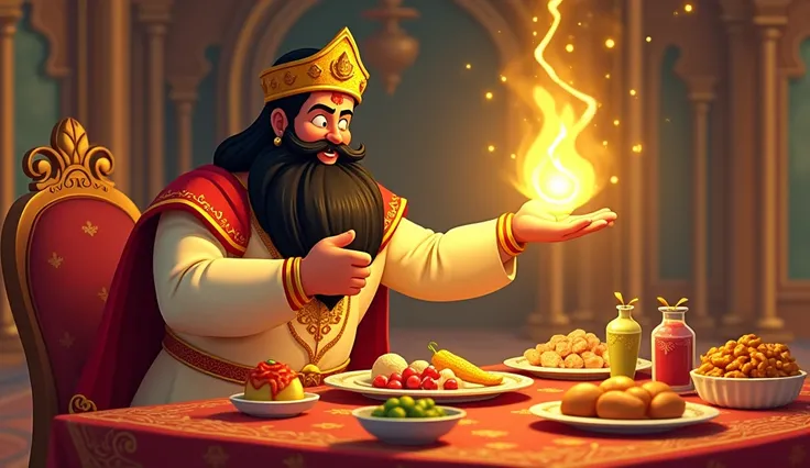 Cartoon black  bearded indian king touches foods  and its changing into gold in the palace