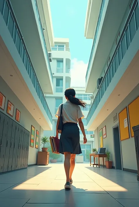 Scene: Meera is now in a big city school, wearing a neat uniform. The school is large with modern facilities, and Meera is seen walking through the corridors, her books in hand, ready to achieve her dreams.
