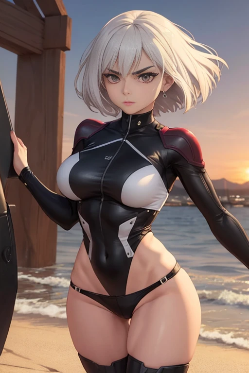 Cel-shaded, color manga, use seed 156378292. The background is a sunset harbor. The woman has silver short bob hair and is in her early 30s. Her hair is straight and styled to reach her neck, with slightly longer bangs that fall just above her eyebrows. He...