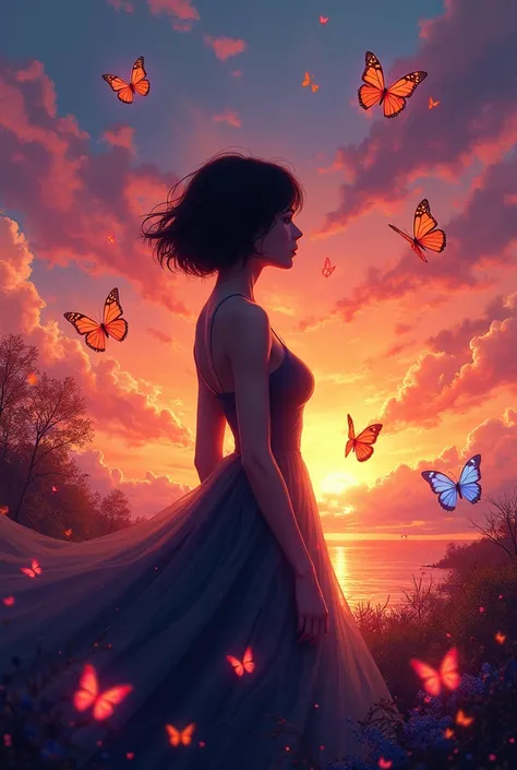 a colorful sunset and a shadowy bob woman figure but like a painting with butterflies surrounding her