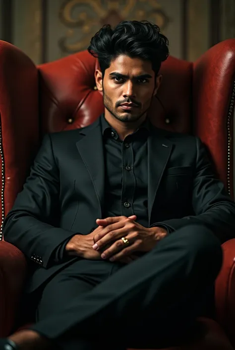 Make a Indian  young male handsome gorgeous mafia sited in the chair  full image 