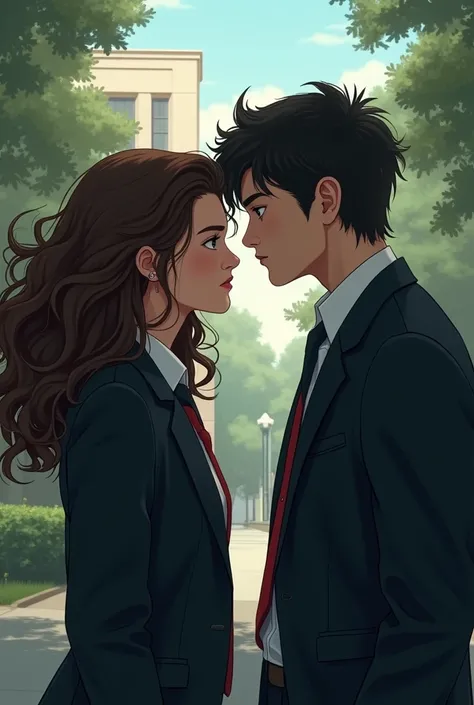 A brunette girl with curly hair with the cold and popular guy of the whole campus. make it in a setting of school, and make it a cover of a wattpad story. they are wearing uniforms. they are highschoolers. they are young. make the background a little darke...