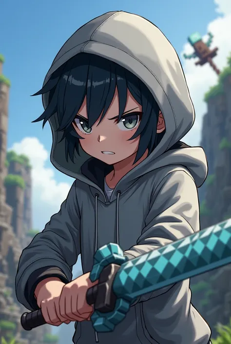 I want to create a anime character of minecraft which is wear a gray hoodie and hold a sword which is a netherite sword